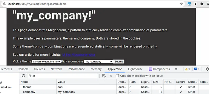 Démonstration montrant deux cookies theme et company qui permettent une personalisation statique alors que l'URL n'a pas changée